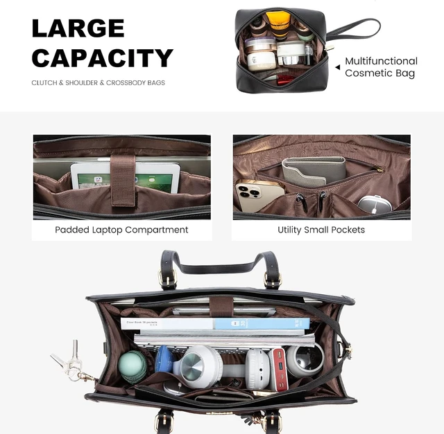 Alt view image 3 of 7 - Laptop Bag for Women 15.6 inch Lightweight PU Laptop Tote Bag Large Capacity Computer bag with Clutch Purse for Business Work Office Travel School Casual(Black & Leather)