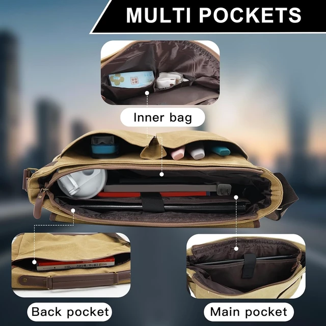 Alt view image 6 of 6 - Vintage Canvas Messenger Bag for Men Laptop Briefcase for Work & Travel Multi-Pocket Crossbody Bag