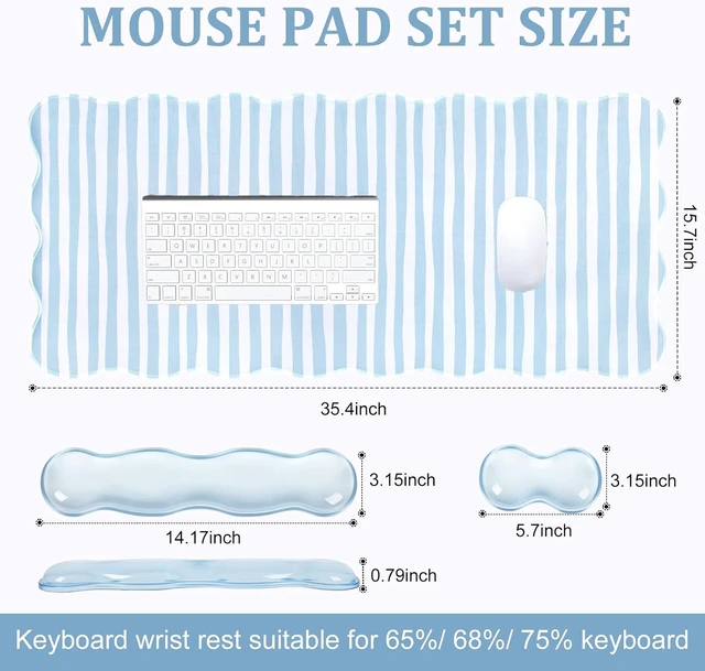 Alt view image 5 of 7 - Blue Striped Mouse Pad Set Scalloped XXL Desk Mat + Ergonomic Mouse Wrist Rest + Gel Keyboard Wrist Rest for Keyboard 65%/75% 3in1 Large Desk Pad for Desktop Home Office Computer Game