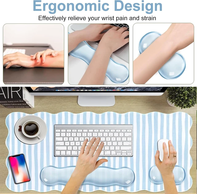Alt view image 6 of 7 - Blue Striped Mouse Pad Set Scalloped XXL Desk Mat + Ergonomic Mouse Wrist Rest + Gel Keyboard Wrist Rest for Keyboard 65%/75% 3in1 Large Desk Pad for Desktop Home Office Computer Game