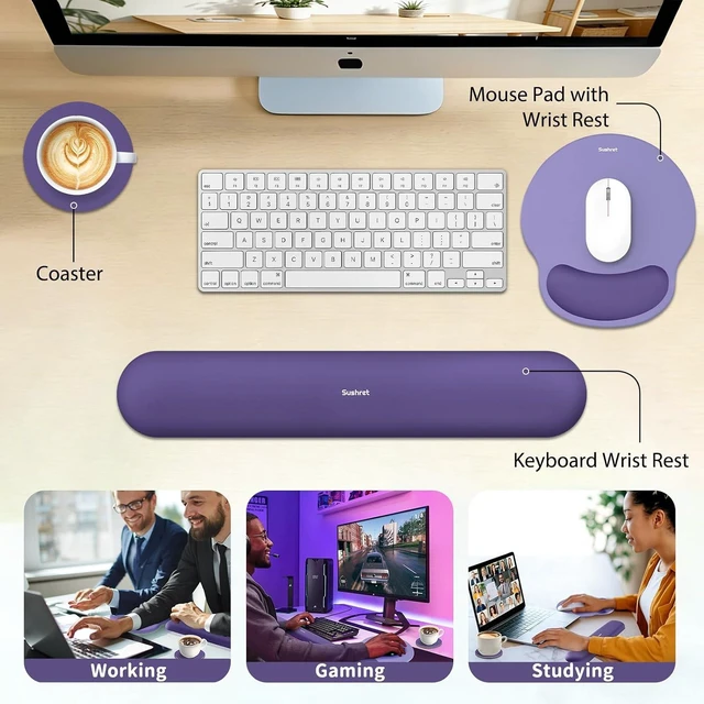 Alt view image 6 of 7 - Mouse Pad and Keyboard Wrist Rest 3-in-1 Gel Memory Foam Ergonomic Mouse Pad with Wrist Rest Set Gaming Mousepad Arm Cushion Support for Computer Office Desk Accessories Cute Setup Purple