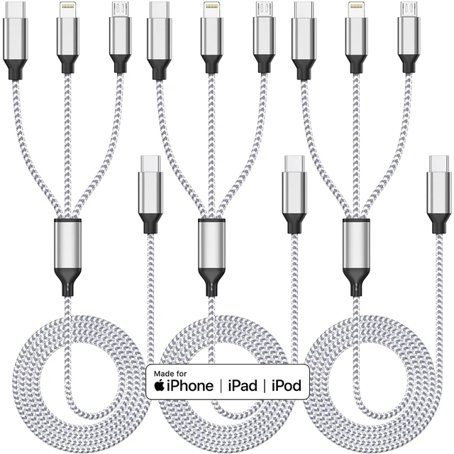 Alt view image 2 of 7 - Multi Charging Cable 4ft 3Pack 3 in 1 Charger Cord Multiple Usb C Cable