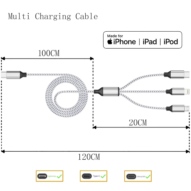 Alt view image 3 of 7 - Multi Charging Cable 4ft 3Pack 3 in 1 Charger Cord Multiple Usb C Cable