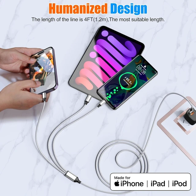 Alt view image 6 of 7 - Multi Charging Cable 4ft 3Pack 3 in 1 Charger Cord Multiple Usb C Cable