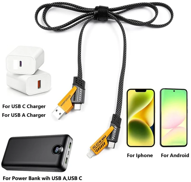 Alt view image 3 of 6 - 4 in 1 Fast Charging Cable 65W USB C Charging Cable 4-in-1 USB Multi Charging Cable Adapter Multiple Phone Charger Cord for iPhone 17-16 15 Pro Max 12 10 ipad Galaxy Android Tablet PC