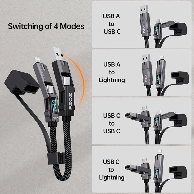 Alt view image 2 of 6 - PZOZ 4-in-1 Keychain Charging Cable 60W Fast Charging with LED Display