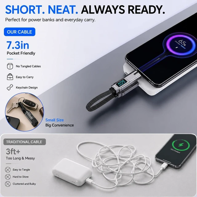 Alt view image 3 of 6 - PZOZ 4-in-1 Keychain Charging Cable 60W Fast Charging with LED Display