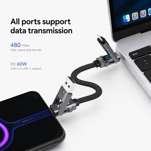Alt view image 4 of 6 - PZOZ 4-in-1 Keychain Charging Cable 60W Fast Charging with LED Display