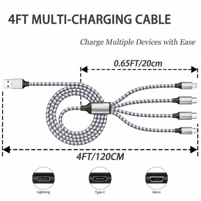 Alt view image 2 of 7 - 4 in 1 Multi Charging Cable 4ft 2 Pack Braided MFi Certified Charger Cable