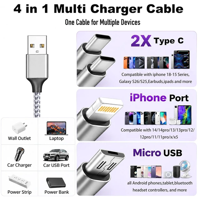 Alt view image 3 of 7 - 4 in 1 Multi Charging Cable 4ft 2 Pack Braided MFi Certified Charger Cable