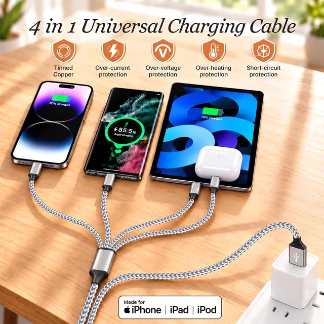 Alt view image 5 of 7 - 4 in 1 Multi Charging Cable 4ft 2 Pack Braided MFi Certified Charger Cable