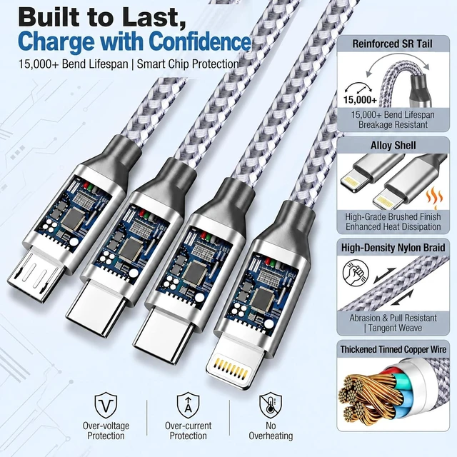 Alt view image 4 of 7 - 4 in 1 Multi Charging Cable 4ft 2 Pack Braided MFi Certified Charger Cable