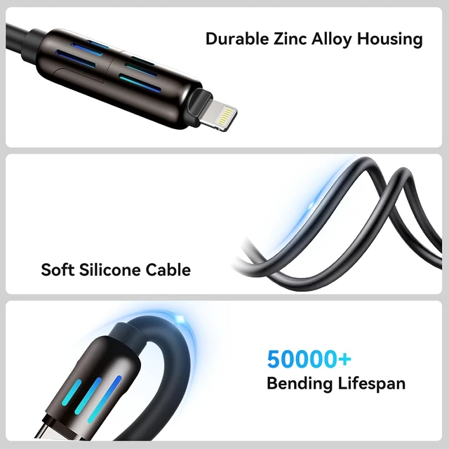 Alt view image 6 of 7 - 4 in 1 Charging Cable MAX 240W 4 in 1 Charging Cable with USB A+Type C Multi Charger for iPhone 16 15 14 13 for Galaxy S25 S24 for MacBook for iPad Tablets 4ft/1.2m
