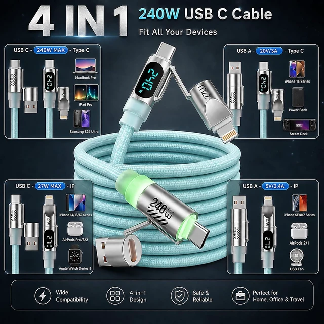 Alt view image 2 of 7 - 4-in-1 USB C Cable 240W Max 6FT 1 Pack