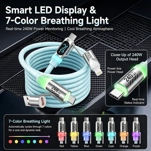 Alt view image 4 of 7 - 4-in-1 USB C Cable 240W Max 6FT 1 Pack