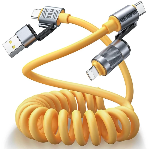 Main image of 4-in-1 Coiled USB C Cable Light-ning Cable for Car for iPhone/iPad