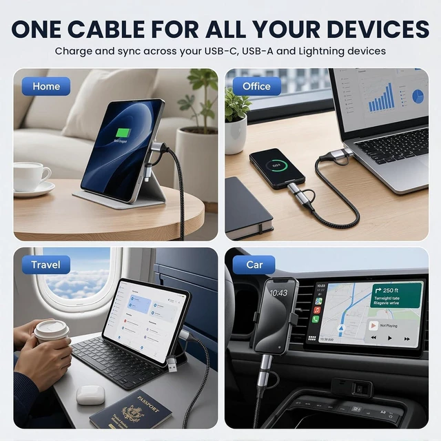 Alt view image 4 of 7 - 4 in 1 Multi Charging Cable USB2.0 Data TransferFast Charging 1m