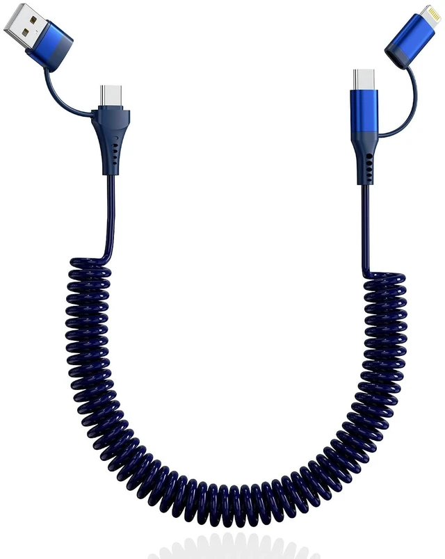 Main image of 4-in-1 Car CarPlay Cable 6ft for iPhone Charger Cable USB C and Lightning Cable 2-in-1 Coiled Multi Fast Charging Cable for iPhone 18/17/16/15/14/13 iPad Supports CarPlay & Android Auto Blue