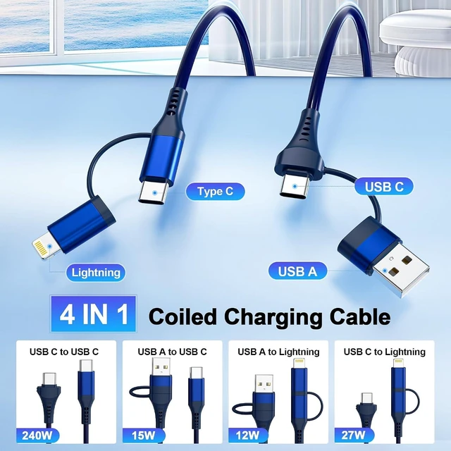 Alt view image 2 of 7 - 4-in-1 Car CarPlay Cable 6ft for iPhone Charger Cable USB C and Lightning Cable 2-in-1 Coiled Multi Fast Charging Cable for iPhone 18/17/16/15/14/13 iPad Supports CarPlay & Android Auto Blue
