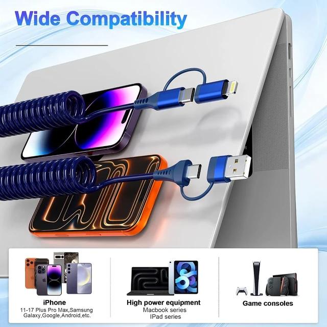 Alt view image 7 of 7 - 4-in-1 Car CarPlay Cable 6ft for iPhone Charger Cable USB C and Lightning Cable 2-in-1 Coiled Multi Fast Charging Cable for iPhone 18/17/16/15/14/13 iPad Supports CarPlay & Android Auto Blue