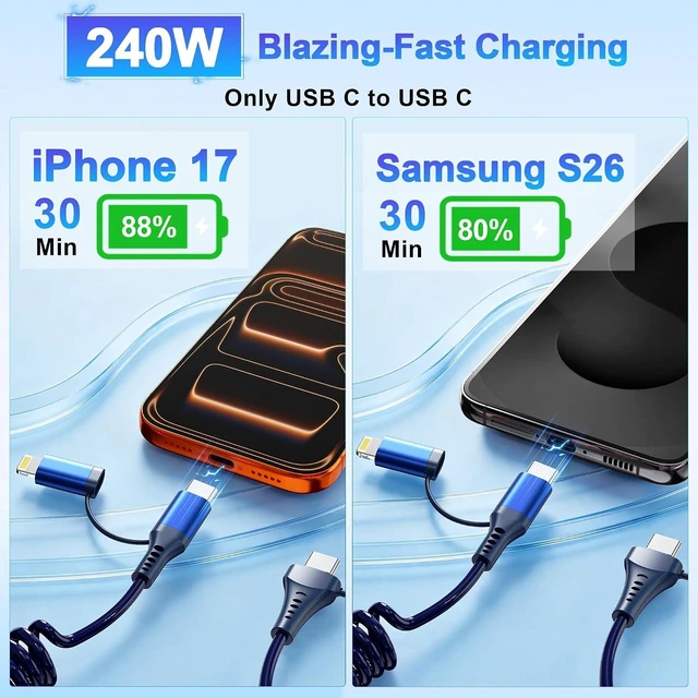 Alt view image 4 of 7 - 4-in-1 Car CarPlay Cable 6ft for iPhone Charger Cable USB C and Lightning Cable 2-in-1 Coiled Multi Fast Charging Cable for iPhone 18/17/16/15/14/13 iPad Supports CarPlay & Android Auto Blue
