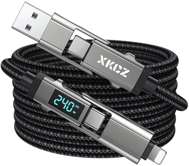 Main image of 4 in 1 USB C Cable with Wattage Display 240W Round Nylon Braided Multi Charging Cable with Data Sync USB C Charging Cord Combo Type C/USB A/iPhone Port for iPhone/iPad//Laptop 5FT