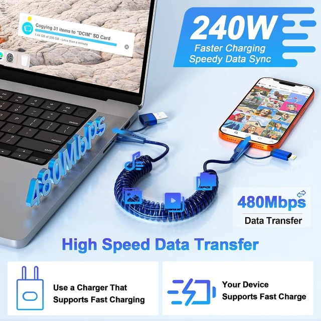 Alt view image 6 of 7 - 4-in-1 Car CarPlay Cable 6ft for iPhone Charger Cable USB C and Lightning Cable 2-in-1 Coiled Multi Fast Charging Cable for iPhone 18/17/16/15/14/13 iPad Supports CarPlay & Android Auto Blue