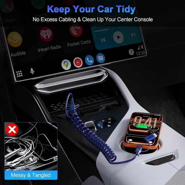 Alt view image 5 of 7 - 4-in-1 Car CarPlay Cable 6ft for iPhone Charger Cable USB C and Lightning Cable 2-in-1 Coiled Multi Fast Charging Cable for iPhone 18/17/16/15/14/13 iPad Supports CarPlay & Android Auto Blue