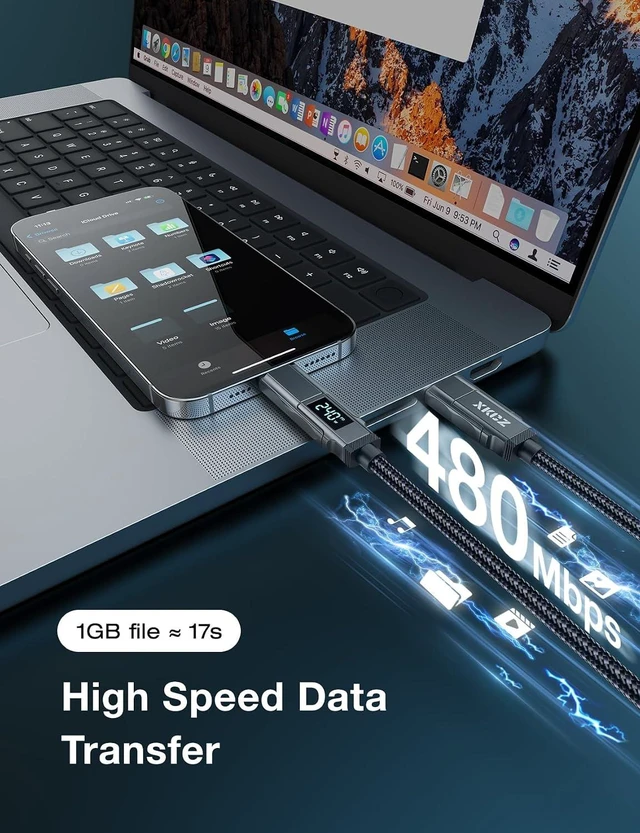 Alt view image 6 of 6 - 4 in 1 USB C Cable with Wattage Display 240W Round Nylon Braided Multi Charging Cable with Data Sync USB C Charging Cord Combo Type C/USB A/iPhone Port for iPhone/iPad//Laptop 5FT