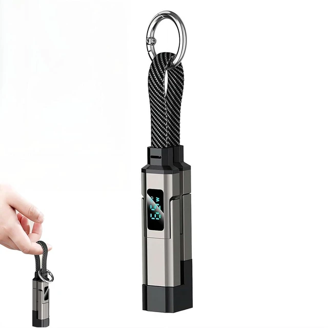 Main image of 4-in-1 Keychain Charging Cable 65W Fast Charging Data Cord with LED Digital Display Anti-Kink Braided Short Lanyard Cable Multi-Interface Compatible with Lightning/Type-C/USB-A (Black)