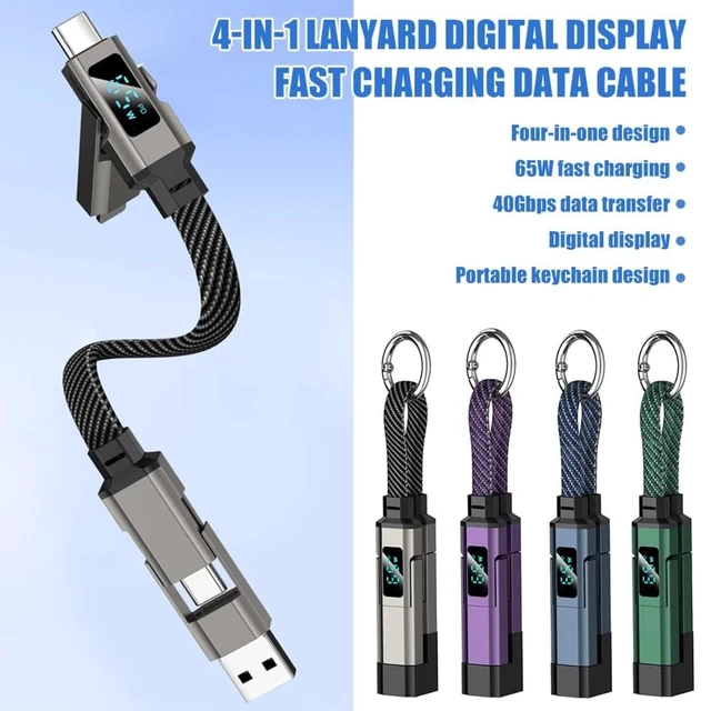 Alt view image 2 of 7 - 4-in-1 Keychain Charging Cable 65W Fast Charging Data Cord with LED Digital Display Anti-Kink Braided Short Lanyard Cable Multi-Interface Compatible with Lightning/Type-C/USB-A (Black)