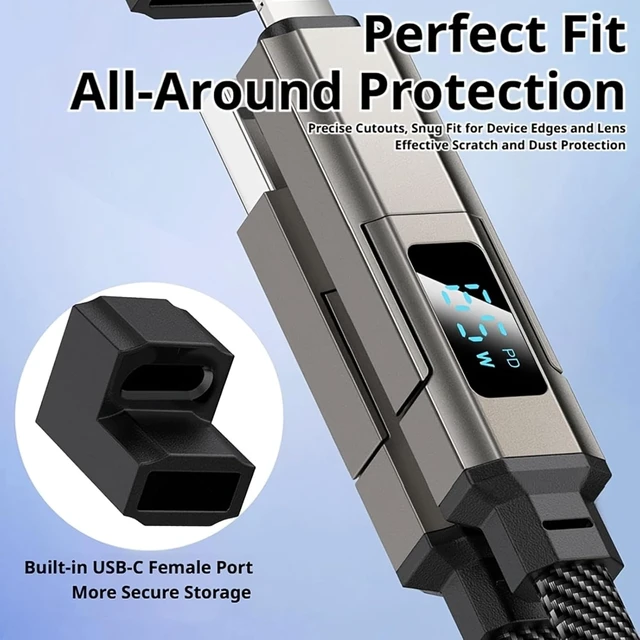 Alt view image 3 of 7 - 4-in-1 Keychain Charging Cable 65W Fast Charging Data Cord with LED Digital Display Anti-Kink Braided Short Lanyard Cable Multi-Interface Compatible with Lightning/Type-C/USB-A (Black)