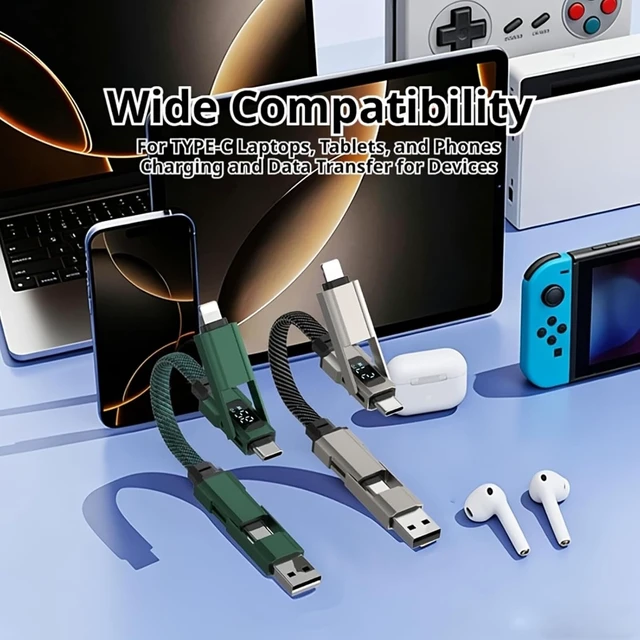 Alt view image 4 of 7 - 4-in-1 Keychain Charging Cable 65W Fast Charging Data Cord with LED Digital Display Anti-Kink Braided Short Lanyard Cable Multi-Interface Compatible with Lightning/Type-C/USB-A (Black)