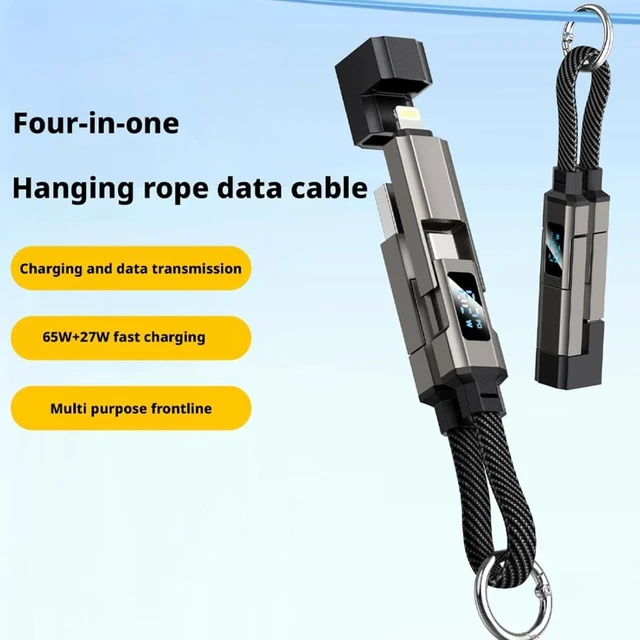 Alt view image 5 of 7 - 4-in-1 Keychain Charging Cable 65W Fast Charging Data Cord with LED Digital Display Anti-Kink Braided Short Lanyard Cable Multi-Interface Compatible with Lightning/Type-C/USB-A (Black)