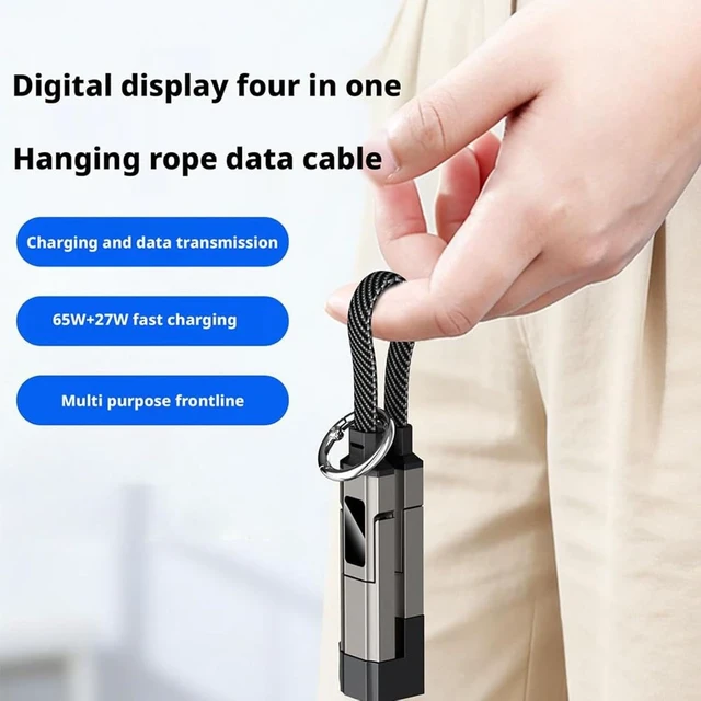 Alt view image 6 of 7 - 4-in-1 Keychain Charging Cable 65W Fast Charging Data Cord with LED Digital Display Anti-Kink Braided Short Lanyard Cable Multi-Interface Compatible with Lightning/Type-C/USB-A (Black)