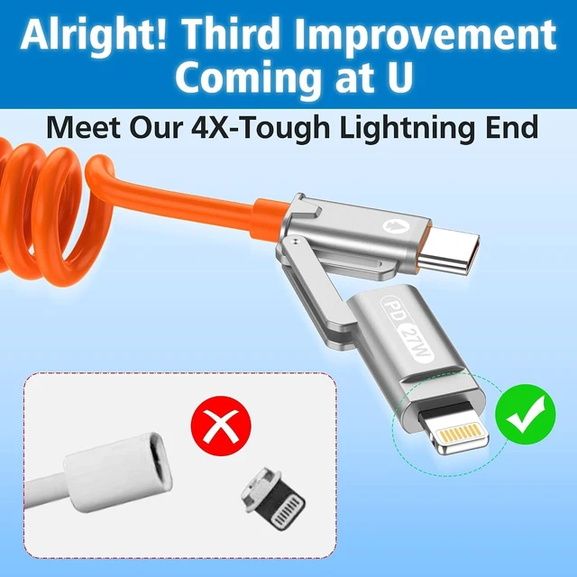 Alt view image 4 of 7 - 5ft 4-in-1 Coiled Multi Charging Charger Data Transfer Cable