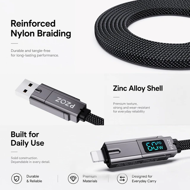 Alt view image 5 of 6 - PZOZ 4-in-1 Keychain Charging Cable 60W Fast Charging with LED Display