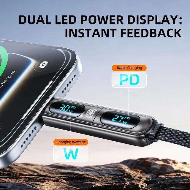 Alt view image 4 of 7 - 4-in-1 240W Keychain Charging Cable Dual Display for iPhone 18
