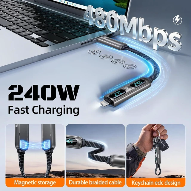 Alt view image 6 of 7 - 4-in-1 240W Keychain Charging Cable Dual Display for iPhone 18
