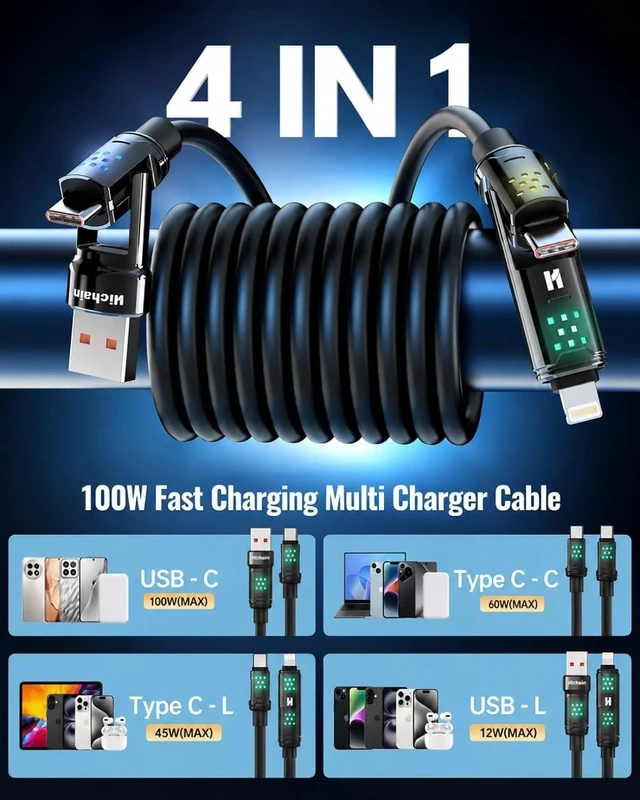 Alt view image 2 of 7 - USB A/C to C/Lightning Cable 100W 4 in 1 Multi Charging Cable 4FT