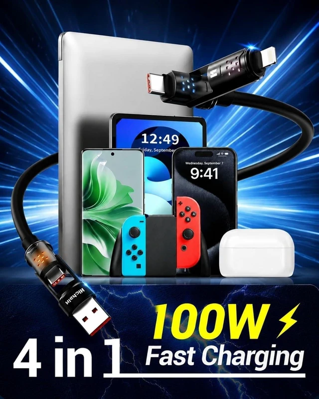 Alt view image 3 of 7 - USB A/C to C/Lightning Cable 100W 4 in 1 Multi Charging Cable 4FT