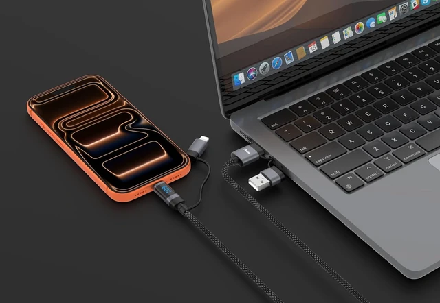Alt view image 2 of 7 - 60W 4-in-1 Braided Charging Cable with Smart LCD Digital Display 5FT Multi Charge Cord Compatible with iPhone iPad Android USB-C USB-A USB-L White (Black)