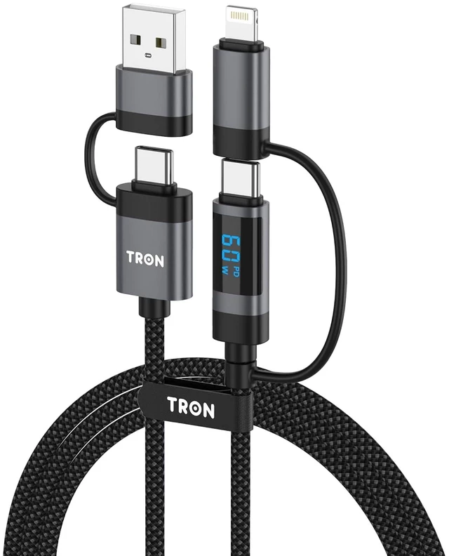 Main image of 60W 4-in-1 Braided Charging Cable with Smart LCD Digital Display 5FT Multi Charge Cord Compatible with iPhone iPad Android USB-C USB-A USB-L White (Black)