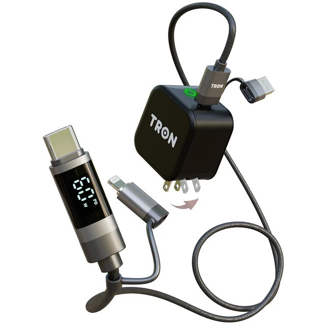 Alt view image 4 of 7 - 60W 4-in-1 Braided Charging Cable with Smart LCD Digital Display 5FT Multi Charge Cord Compatible with iPhone iPad Android USB-C USB-A USB-L White (Black)