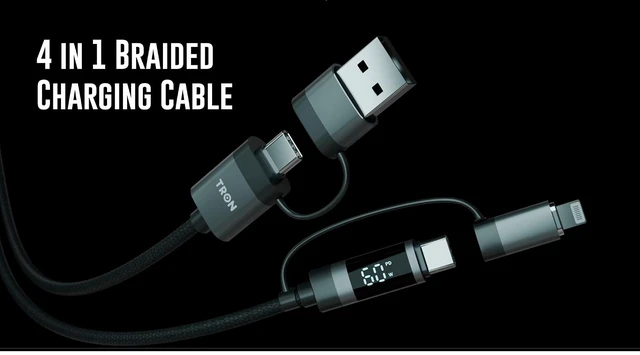 Alt view image 5 of 7 - 60W 4-in-1 Braided Charging Cable with Smart LCD Digital Display 5FT Multi Charge Cord Compatible with iPhone iPad Android USB-C USB-A USB-L White (Black)