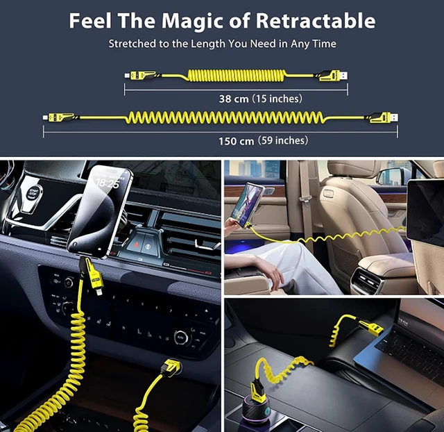 Alt view image 4 of 7 - 4-in-1 Coiled USB-C to Lightning/Type-C 65W Fast Charging Cable CarPlay & Android Auto Compat. Compact Design Multi-Device Charging for iPhone 17/16/ 15 iPad Galaxy S26/ S25/ S24...Yellow