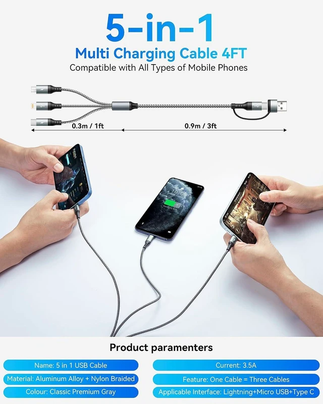 Alt view image 7 of 7 - 5 in 1 Multi Charging Cable USB A/C Universal Charger Cable
