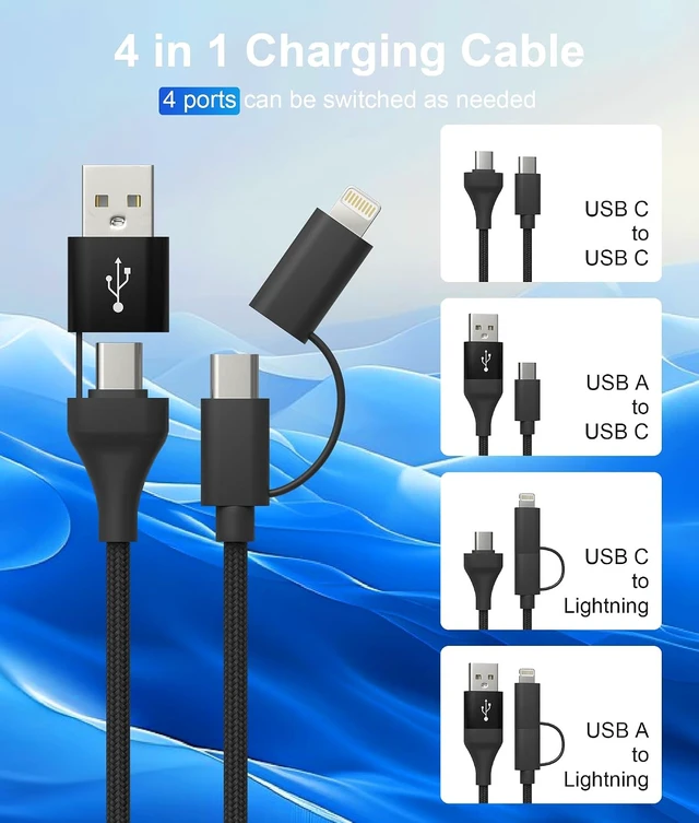 Alt view image 2 of 7 - USB C and Lightning Cable 4-in-1 Charging Cord 60W Fast Charging & Data Sync 6FT MFi Certified Nylon Braided Cable for iPhone 17/16/15/14 iPad MacBook CarPlay - Anti-Tangle Design