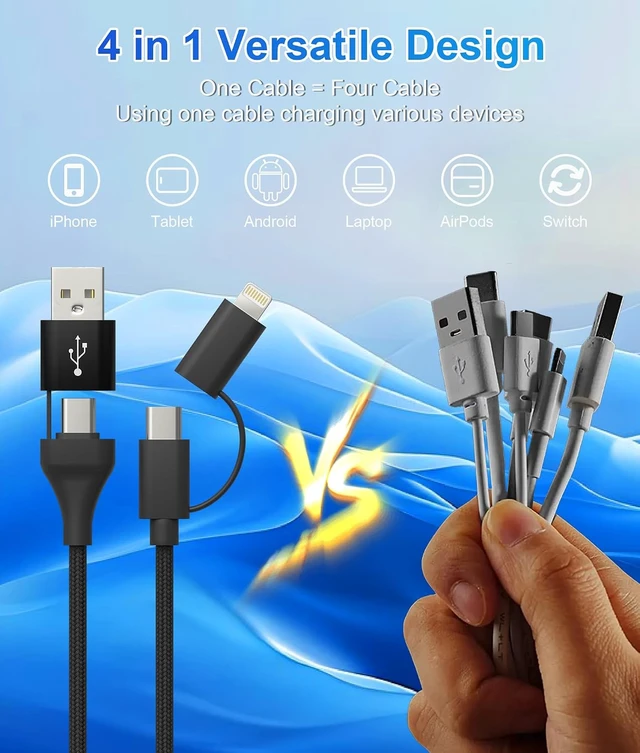 Alt view image 3 of 7 - USB C and Lightning Cable 4-in-1 Charging Cord 60W Fast Charging & Data Sync 6FT MFi Certified Nylon Braided Cable for iPhone 17/16/15/14 iPad MacBook CarPlay - Anti-Tangle Design