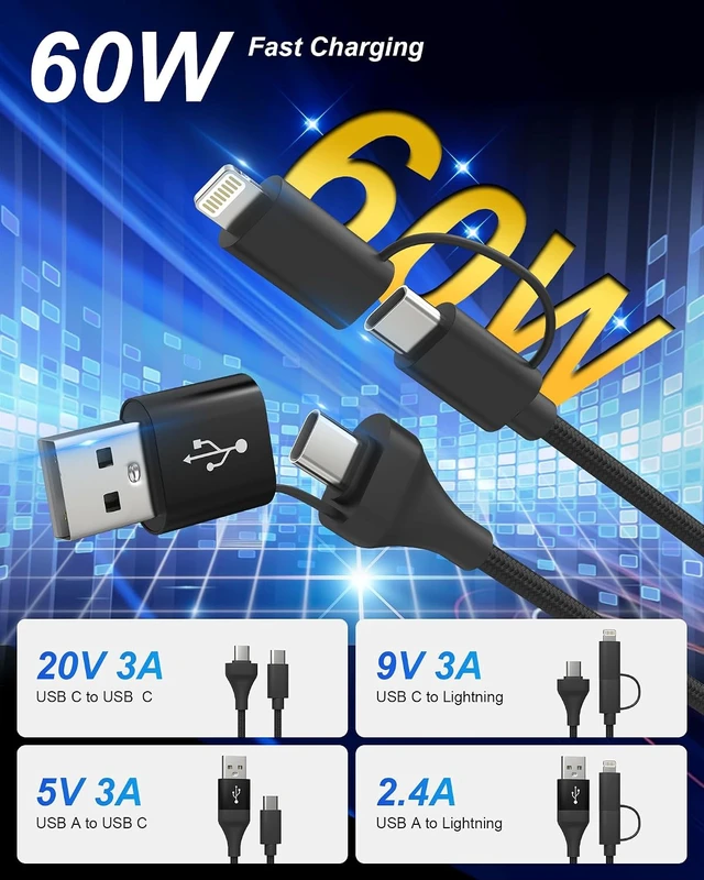 Alt view image 4 of 7 - USB C and Lightning Cable 4-in-1 Charging Cord 60W Fast Charging & Data Sync 6FT MFi Certified Nylon Braided Cable for iPhone 17/16/15/14 iPad MacBook CarPlay - Anti-Tangle Design